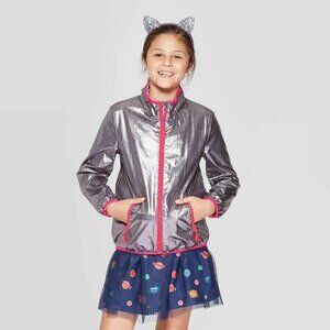 Girls Metallic Silver 7/8 Windbreaker Jacket With Pink Trim Full-Zip Pockets Ela